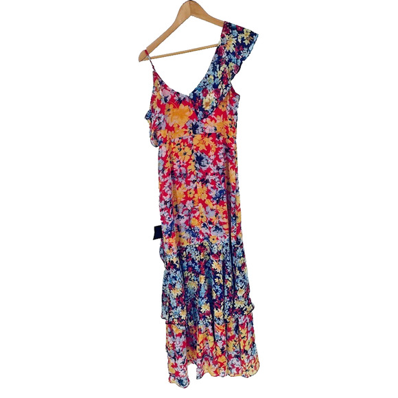 LULUS Radiant Floral Flower Chiffon Ruffles Maxi Dress Ruby Red Size Medium NEW - Picture 7 of 11